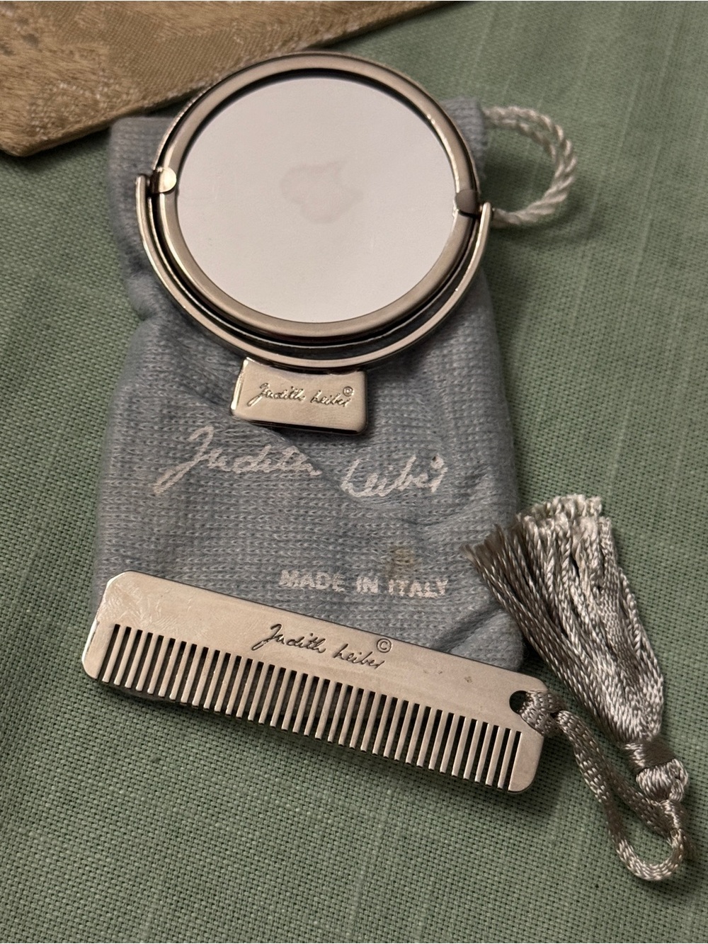Judith Leiber Silver Tone Folding Mirror and Matching Comb Set